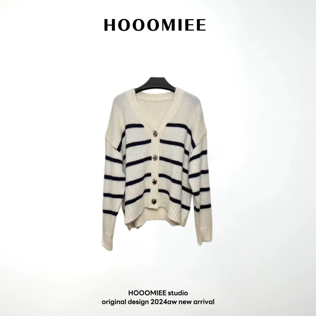 秋冬V领条纹开衫法式单排扣软糯长袖针织衫2024576