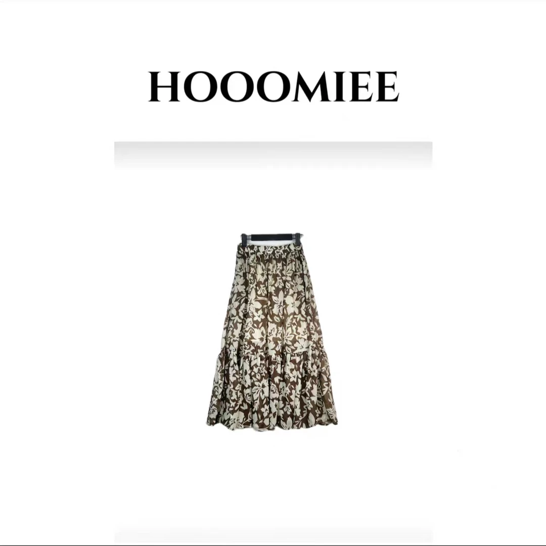 Hooomiee轻奢气质时尚花叶图案设计高腰A字半身裙女Y2024045