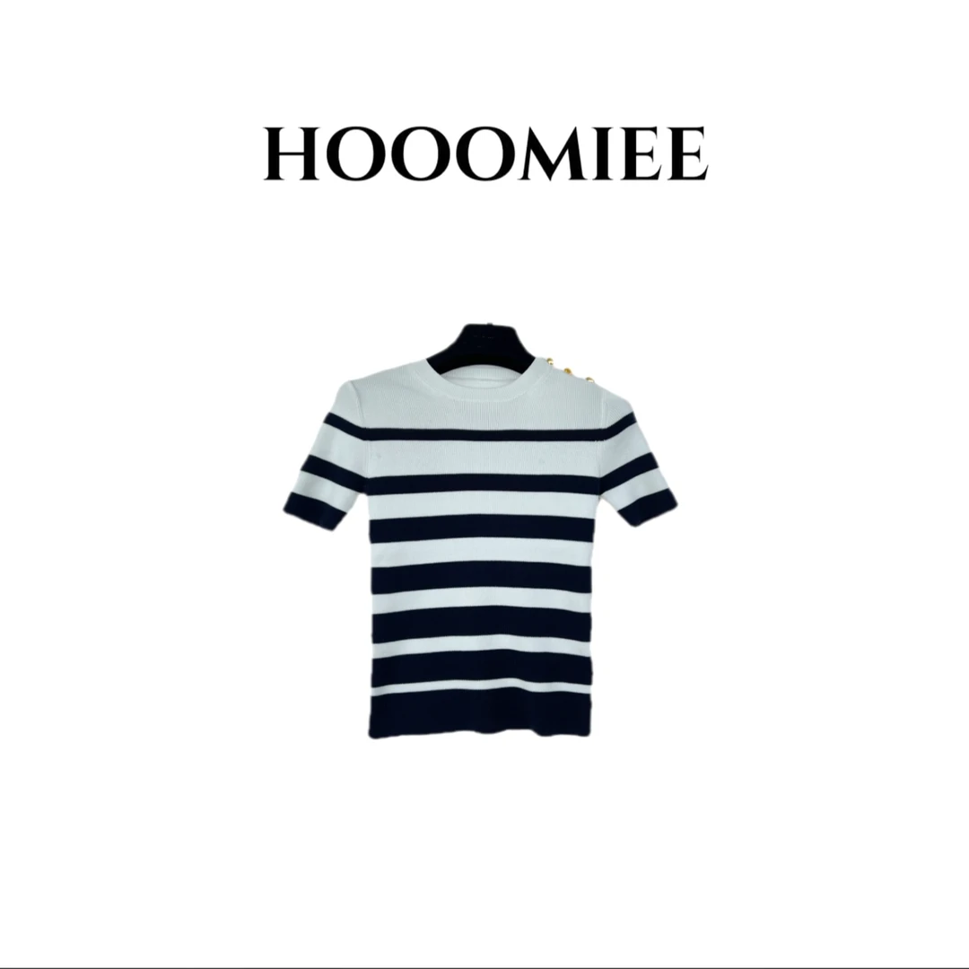 Hooomiee深蓝白拼色条纹肩扣钉针织女士短袖衫2024312
