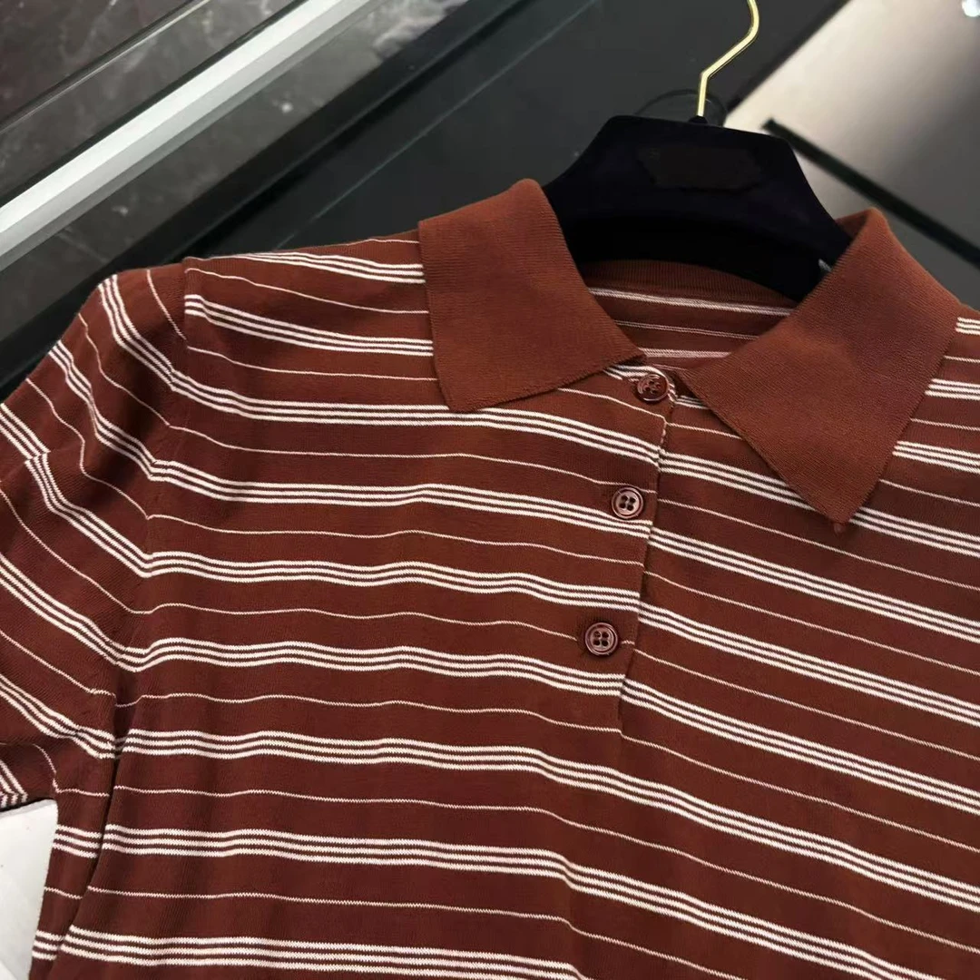 Hooomiee经典简约款咖色条纹女士休闲polo衫2024113