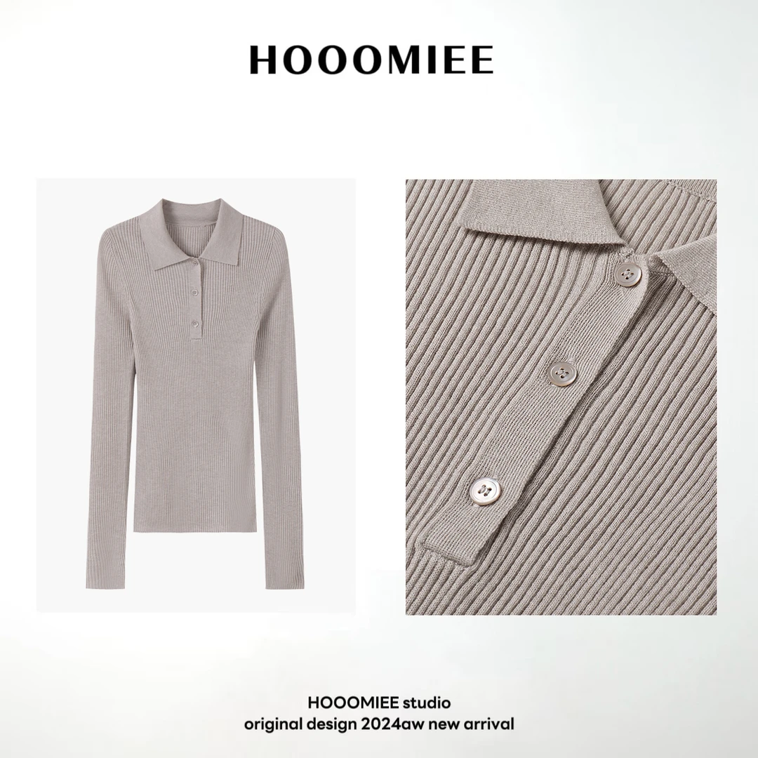 Hooomiee浅色系慵懒风翻领长袖坑条套头打底上衣2024518