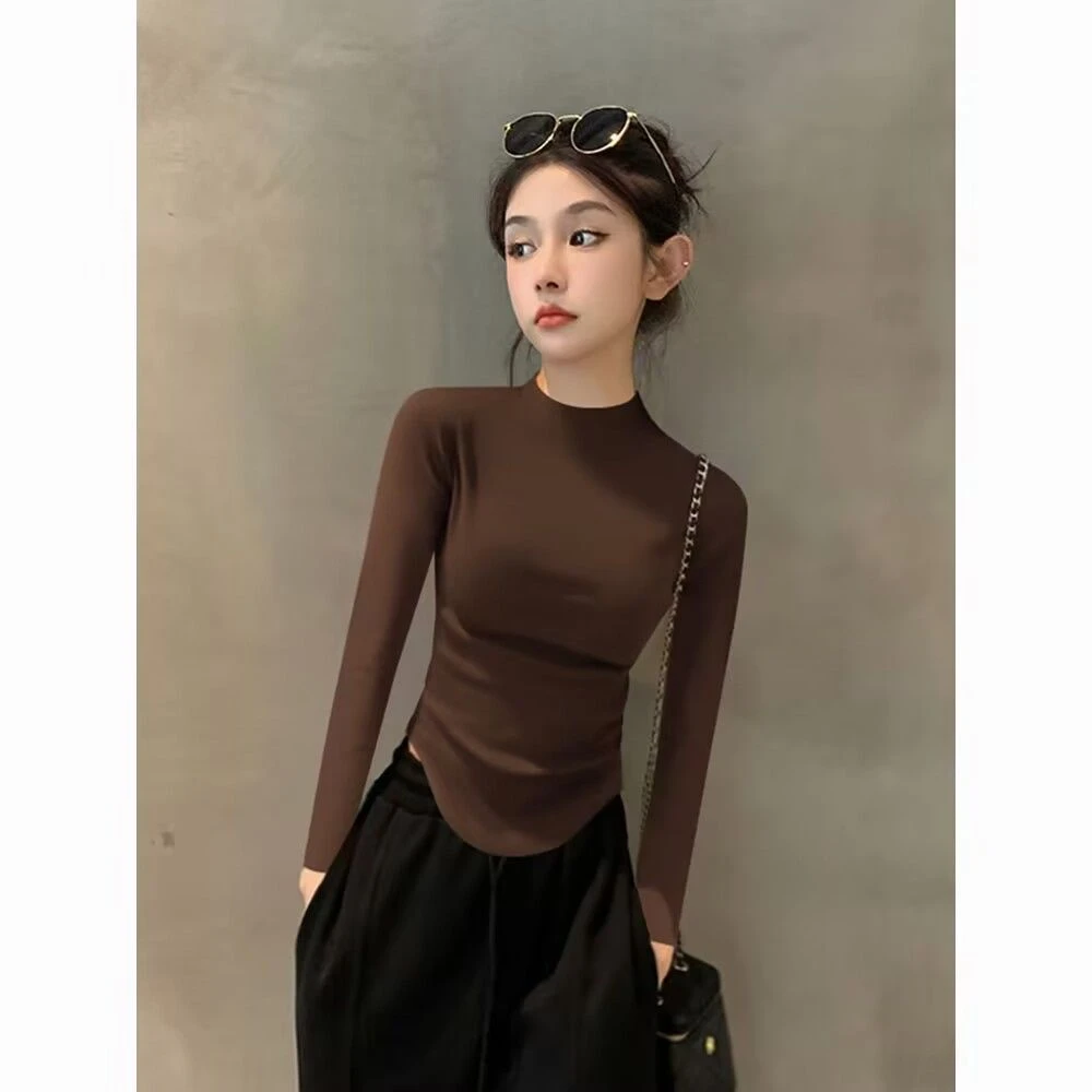 2025新款秋冬半高领长袖打底衫女弧形下摆欧货设计感紧身内搭上衣