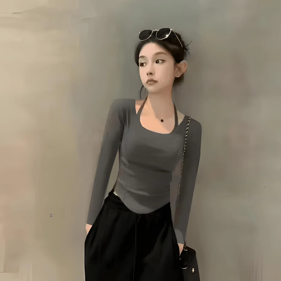 秋冬新款百搭洋气长袖T恤女挂脖不规则下摆短款正肩修身显瘦上衣
