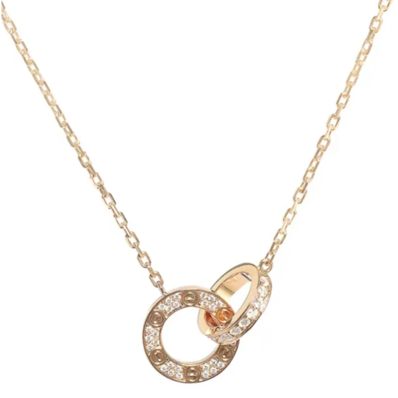 99新 Cartier/卡地亚 LOVE系列 经典玫瑰金色双环满钻小圆饼项链