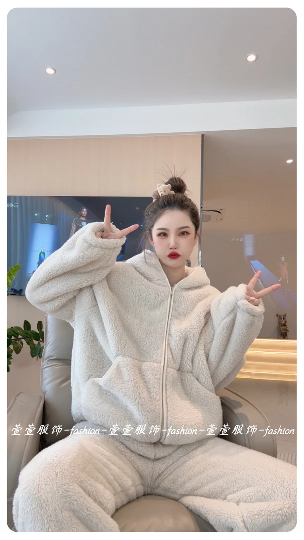 【萱萱服饰】SY73冬季新款双面北极绒加厚连帽保暖睡衣冬季家居服
