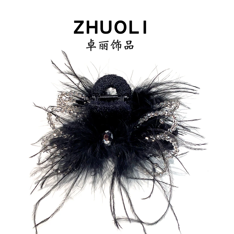 C433韩版水晶蝴蝶结羽毛抓夹13厘米