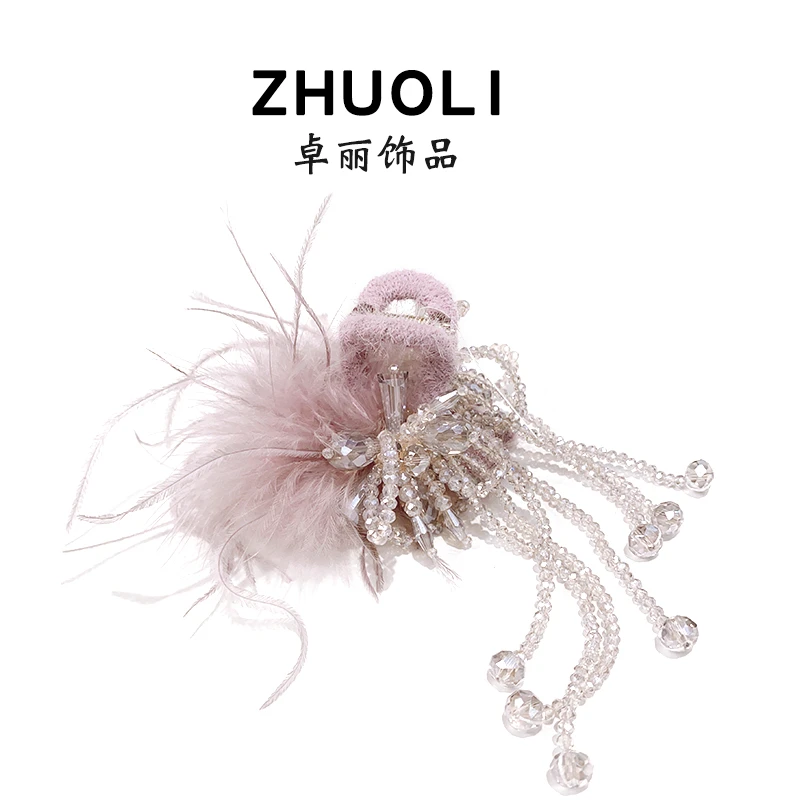 C414韩版水晶流苏毛毛半扎发抓夹