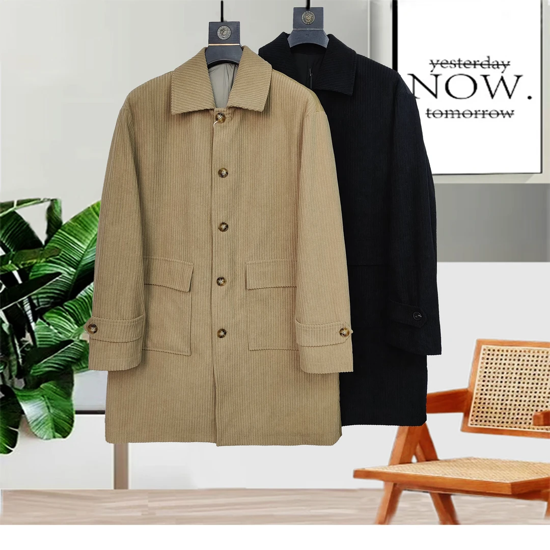 秋冬新款男士时尚百搭纯色灯芯绒翻领长款大衣22505