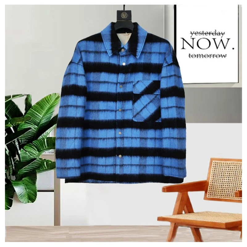 高级感蓝色格子毛呢外套男秋冬复古单排扣呢子夹克23059