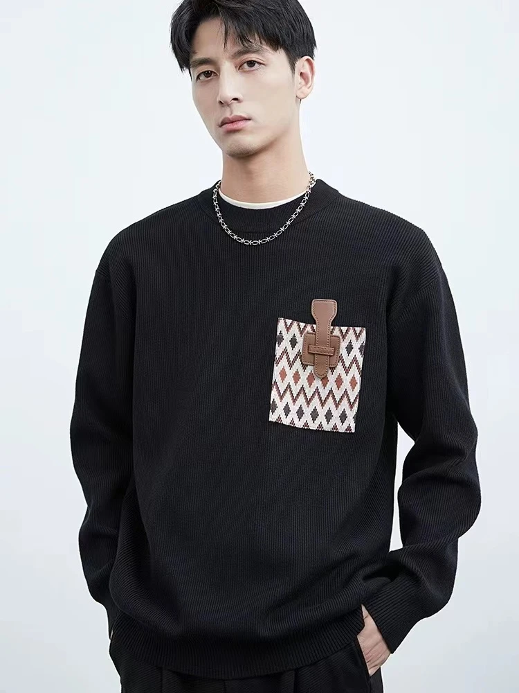 男士长袖时尚休闲百搭情侣圆领秋冬打底宽松加绒印花拼接77151