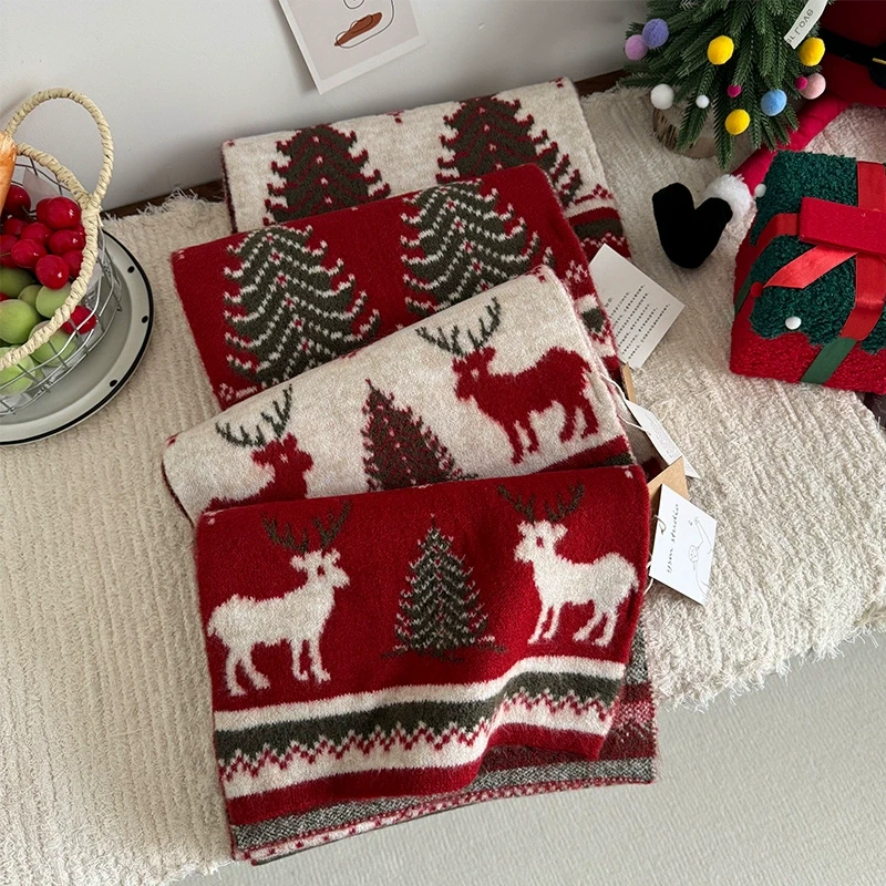 氛围感圣诞树小鹿羊毛混纺针织围巾女冬天情侣生日新年送礼围脖潮