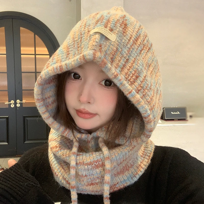 韩版秋冬款巴拉克拉法帽子女彩色保暖防风护耳毛线针织围脖一体帽