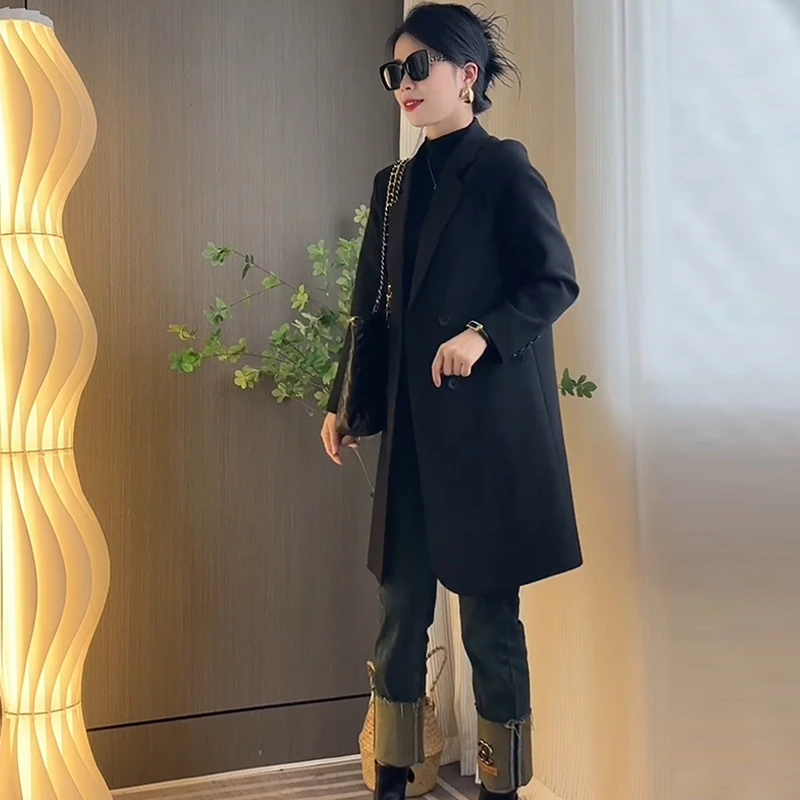 黑色西装外套女中长款气质显瘦韩版流行抗皱垂感女大衣西服春秋季
