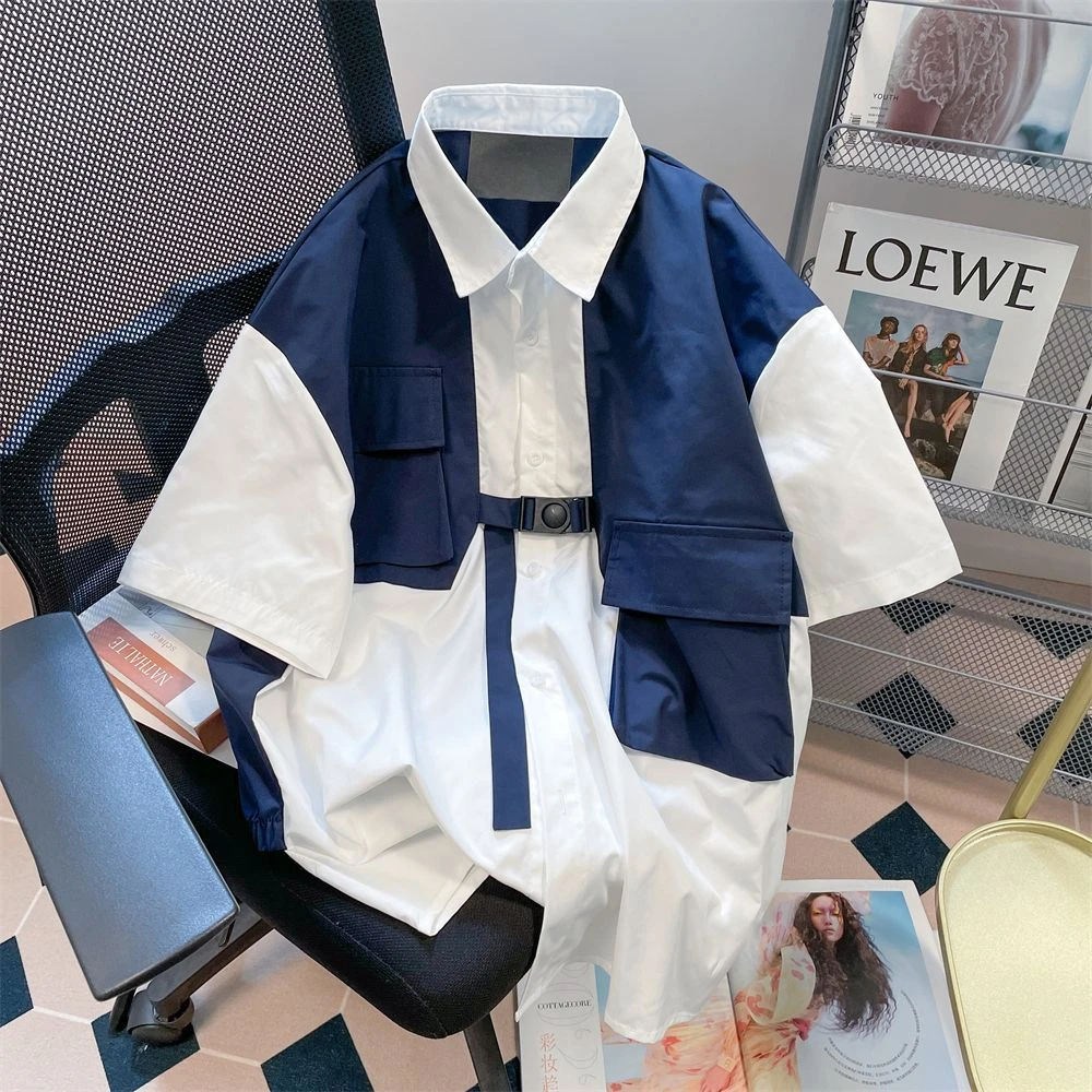 大码300斤港风假两件短袖衬衫男女夏季工装情侣休闲polo上衣外套