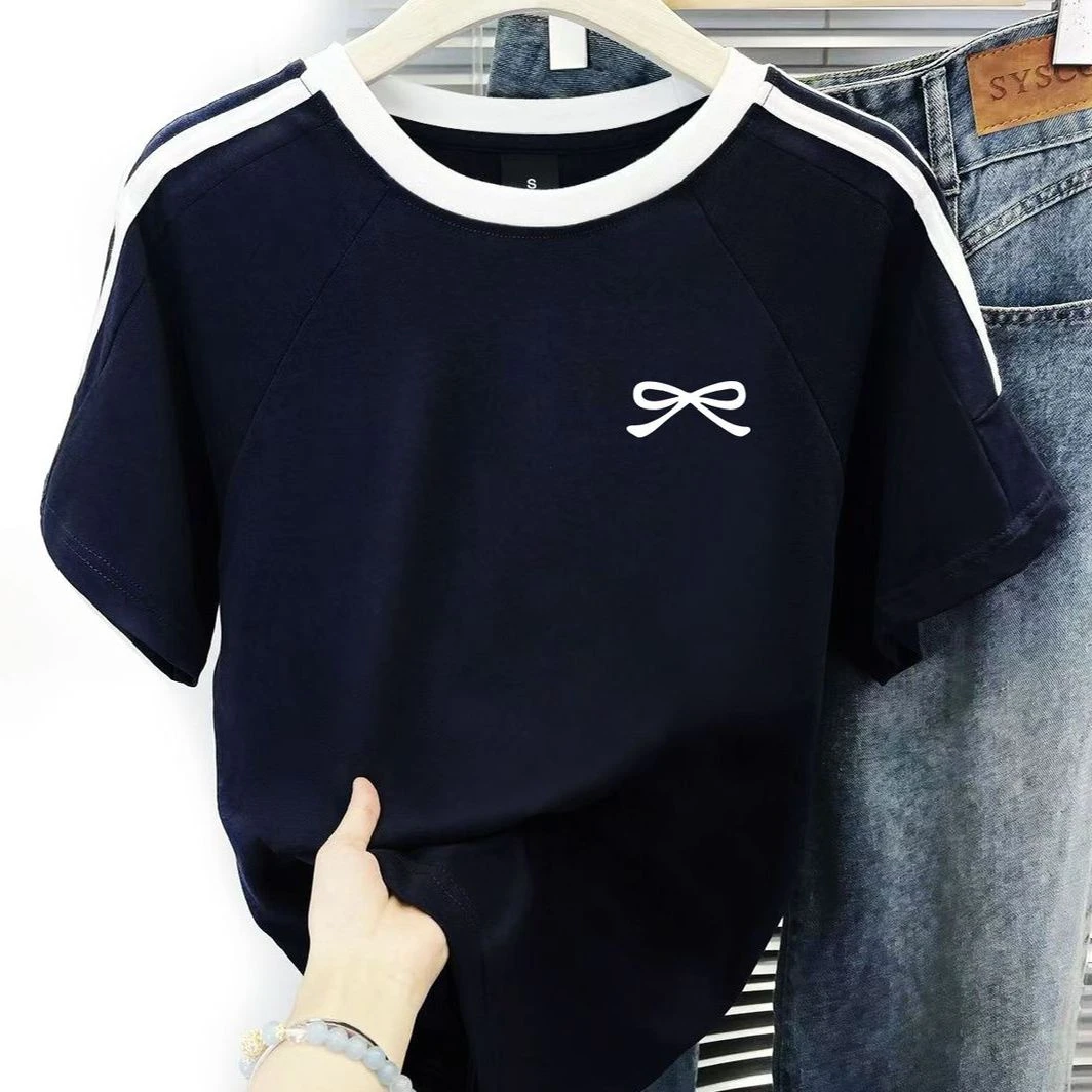 美式复古ins蝴蝶结印花短袖T恤男女特大码300斤宽松慵懒风上衣夏i