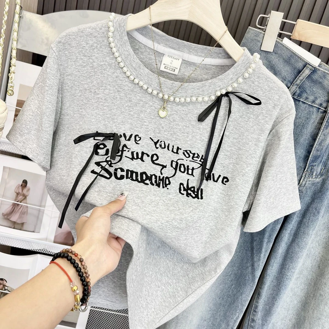 大码300斤港式复古chic法式重工蝴蝶结珍珠短袖t恤女宽松遮肉上衣