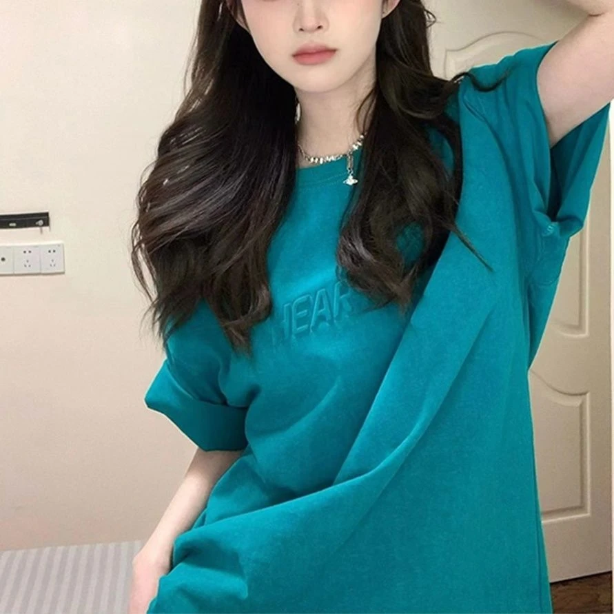 大码300斤蓝色钢印字母设计感短袖纯棉t恤女宽松情侣内搭体恤上衣