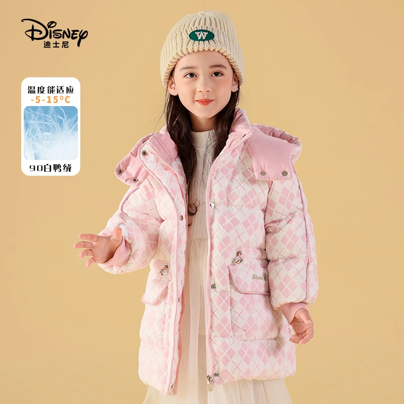 Disney/迪士尼新款洋气连帽外套秋冬羽绒服中长款白鸭绒女宝