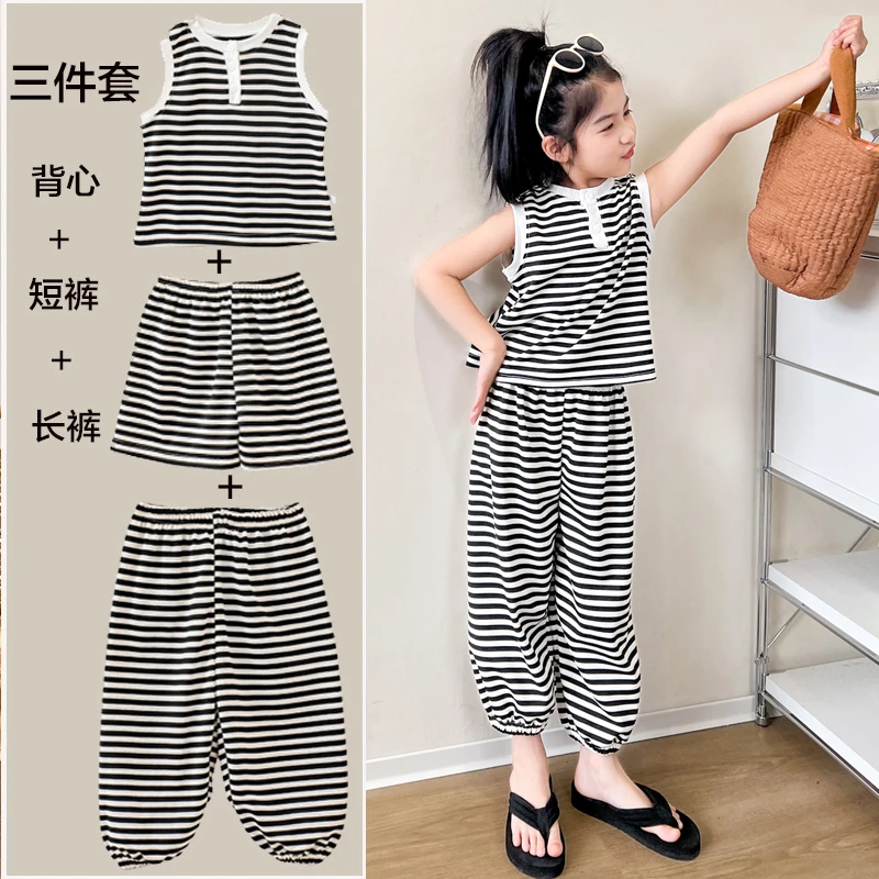 丁3女童韩版条纹两件套韩版夏季舒适新款洋气休闲时尚儿童无袖