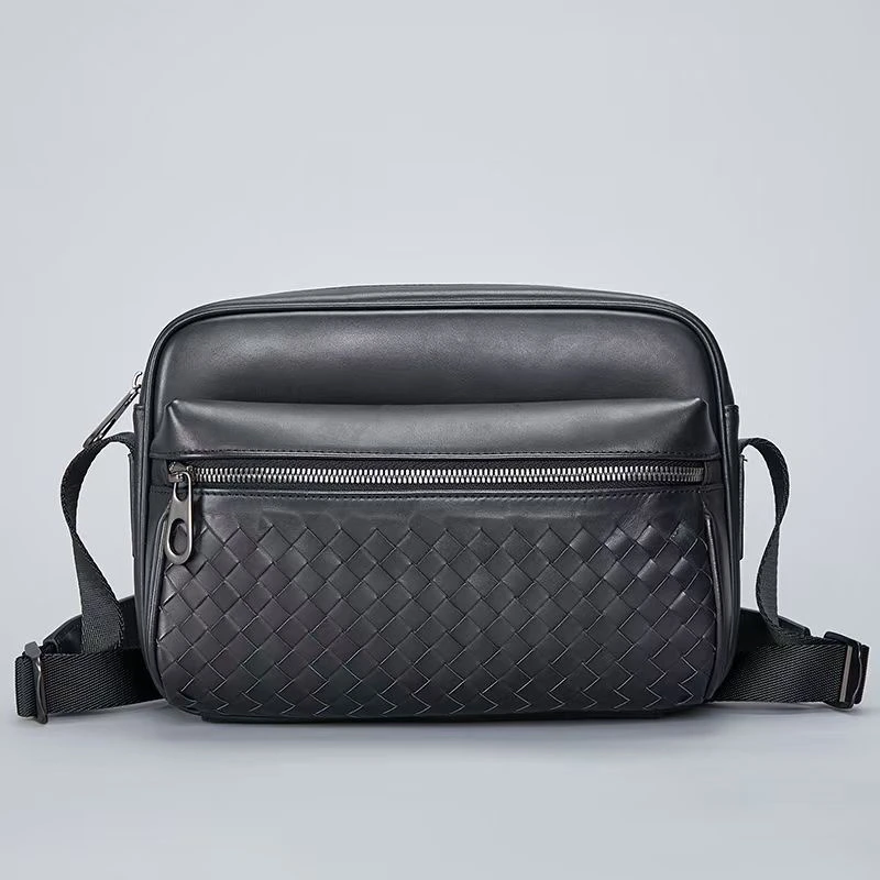 高品质男士新款打蜡编织胎牛皮斜挎包
