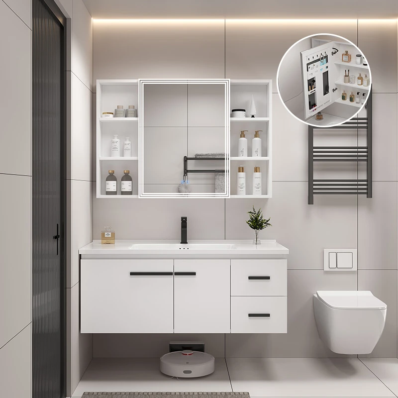 加厚蜂窝铝美妆收纳镜洗脸盆柜卫生间太空铝浴室柜组合陶瓷一体盆