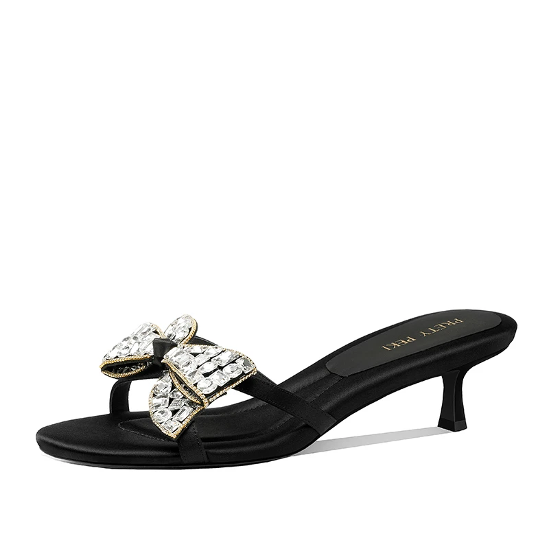 【跟高5cm】2025夏季新款蝴蝶结水钻细跟高跟露趾凉拖鞋子女
