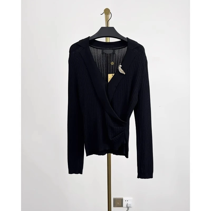 秋冬新款V领交叉褶皱时尚修身针织衫 赫 8739A