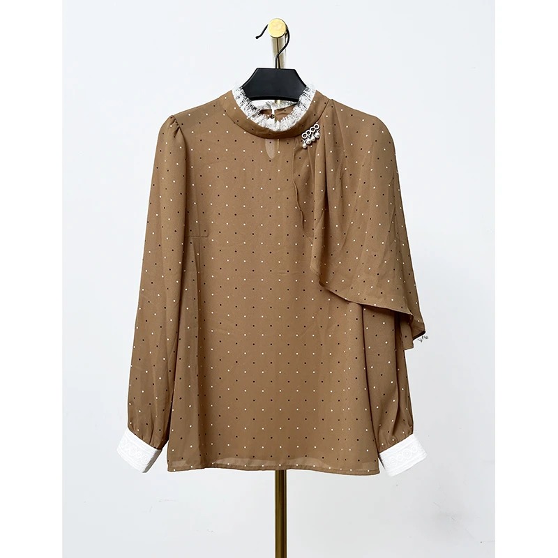 秋冬新款半高领波点丝绒雪纺打底衫上衣 赫3053A