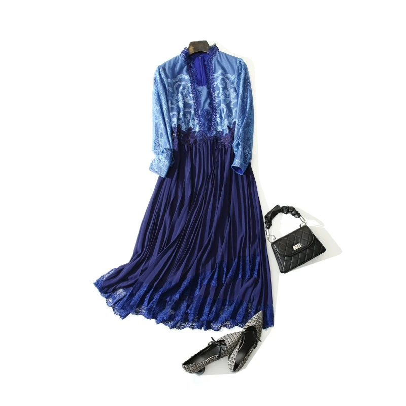 秋冬女高腰中长裙印花拼接雪纺连衣裙 伊5239F