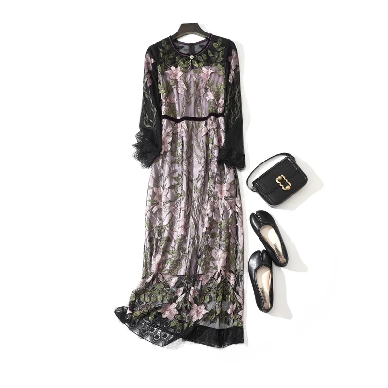 秋冬新款重工网纱刺绣气质优雅连衣裙 伊7832F