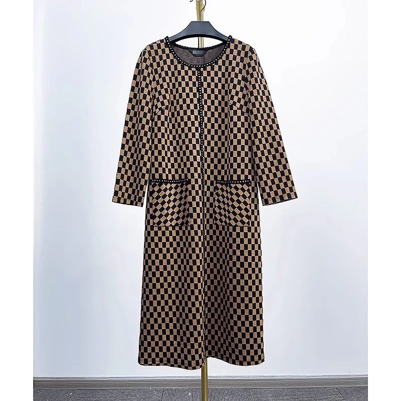 秋冬新款复古格子长袖宽松显瘦连衣裙 赫 8256P