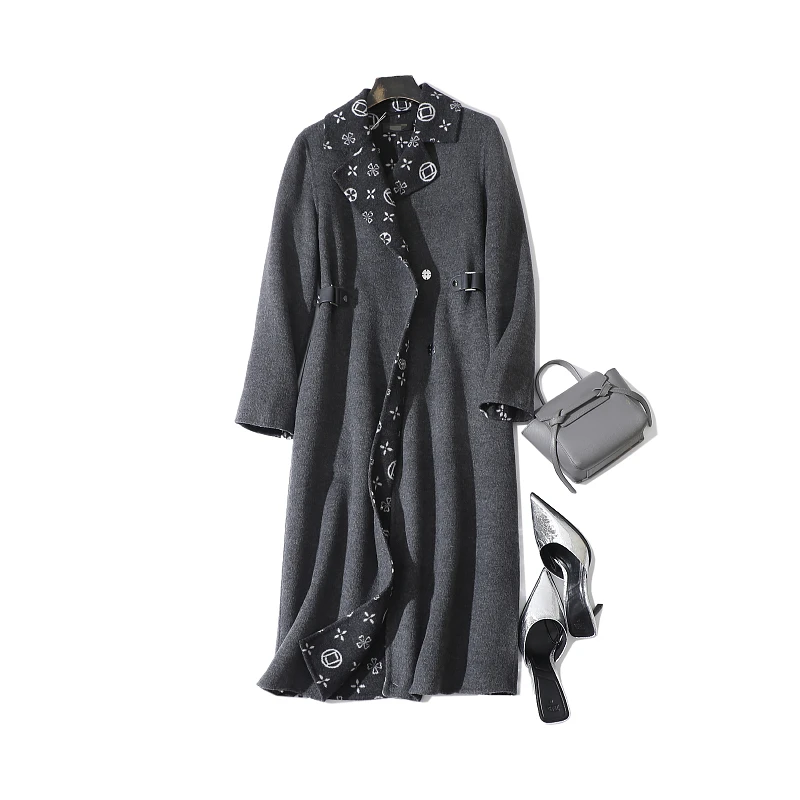 秋冬新款时尚气质百搭印花纯羊毛风衣 之33723J