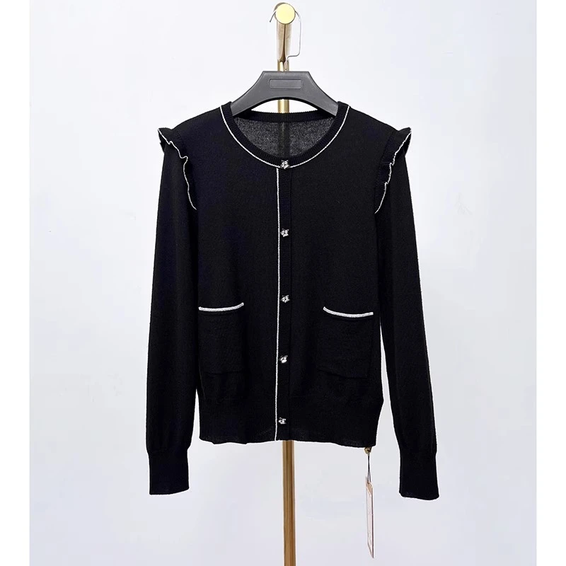 秋冬新款洋气时髦荷叶袖拼接针织上衣 赫3137A