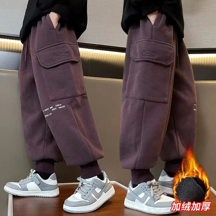 男童加绒裤子2024新款中大童时髦秋冬款加厚运动裤儿童洋气卫裤潮