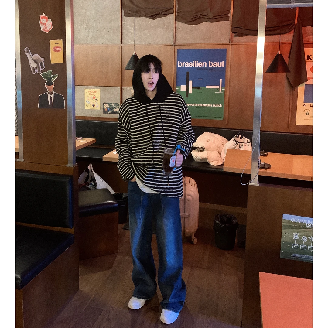 ZZ 美式条纹撞色复古宽松慵懒风情侣连帽毛衣