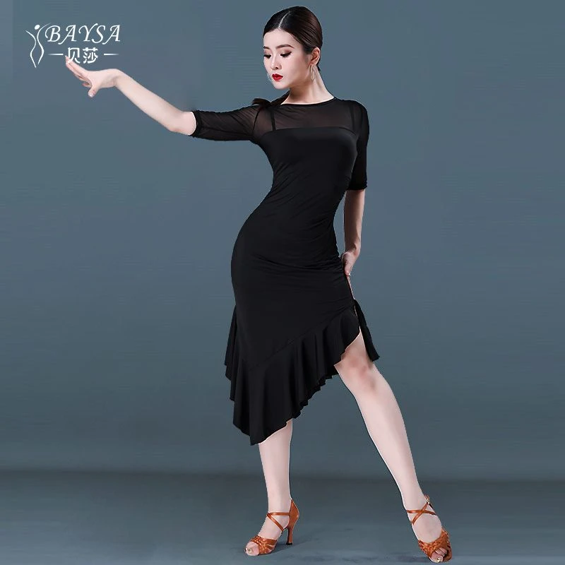 新款拉丁舞练功服网纱演出服服女成年拉丁舞专业连衣裙A1110