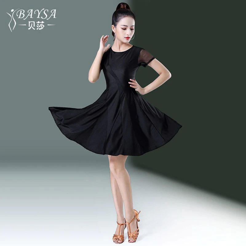 贝莎拉丁舞裙成人女2025新款黑色恰恰短袖连衣裙网纱舞蹈服练功服