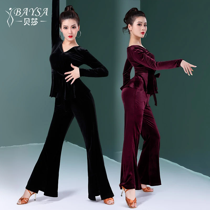 baysa贝莎摩登舞成人练功服丝绒国标交谊拉丁舞套装金丝Y19-436Ab