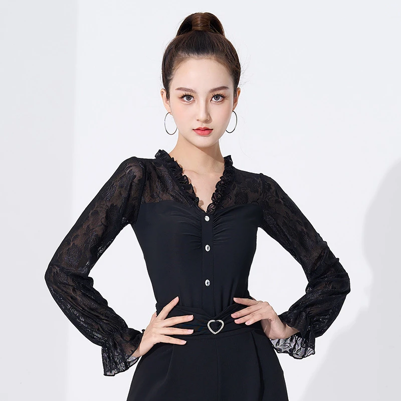 上衣女蕾丝袖新款摩登舞服练功成人国标烫钻时尚舞衣跳舞服拉丁舞