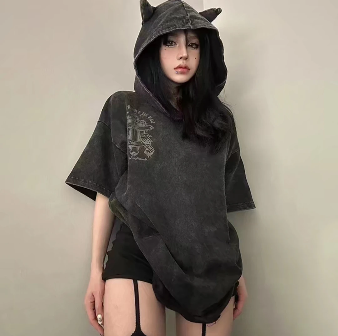 ZCNT欧美高街十字印花连帽印花短袖T恤男ins设计感水洗黑色半袖