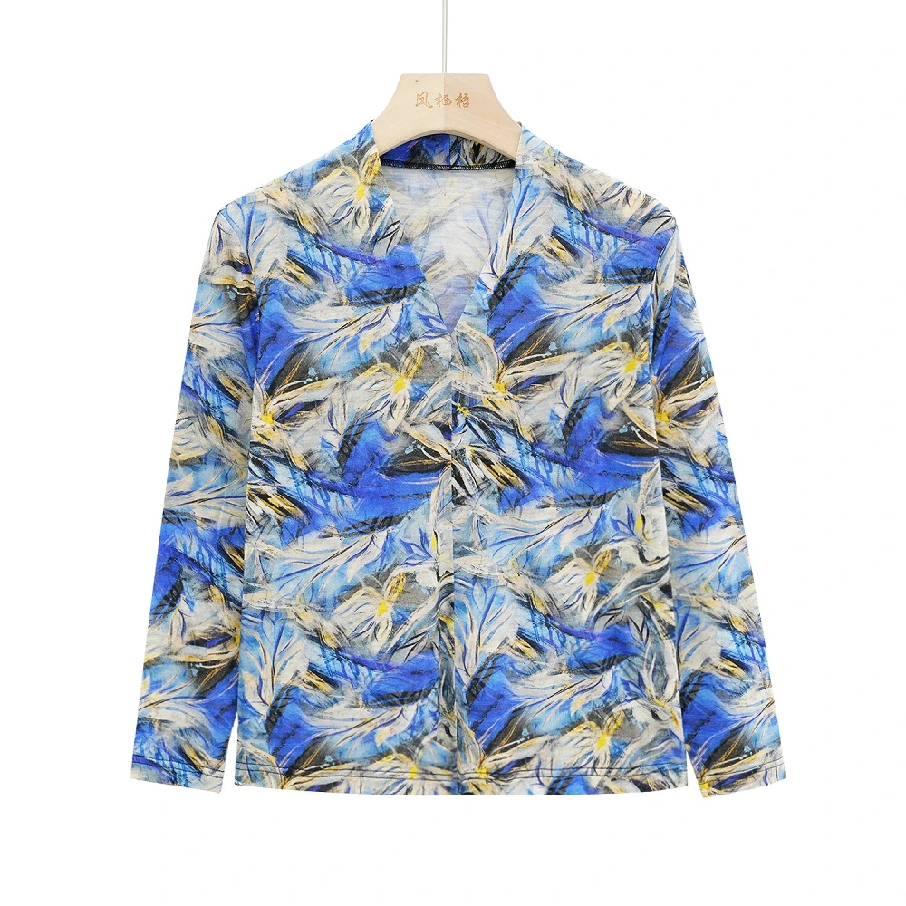 凤栖梧高定绵羊毛薄款毛衣蓝色印花V领上衣FB91001M