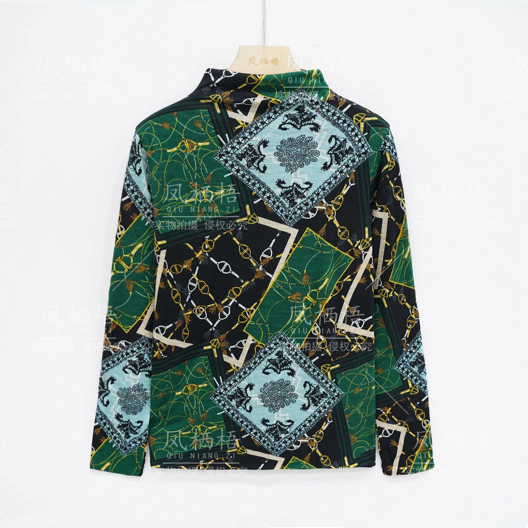 凤栖梧高定绵羊毛双面穿打底衫半高领长袖绿色印花上衣FB231028M4