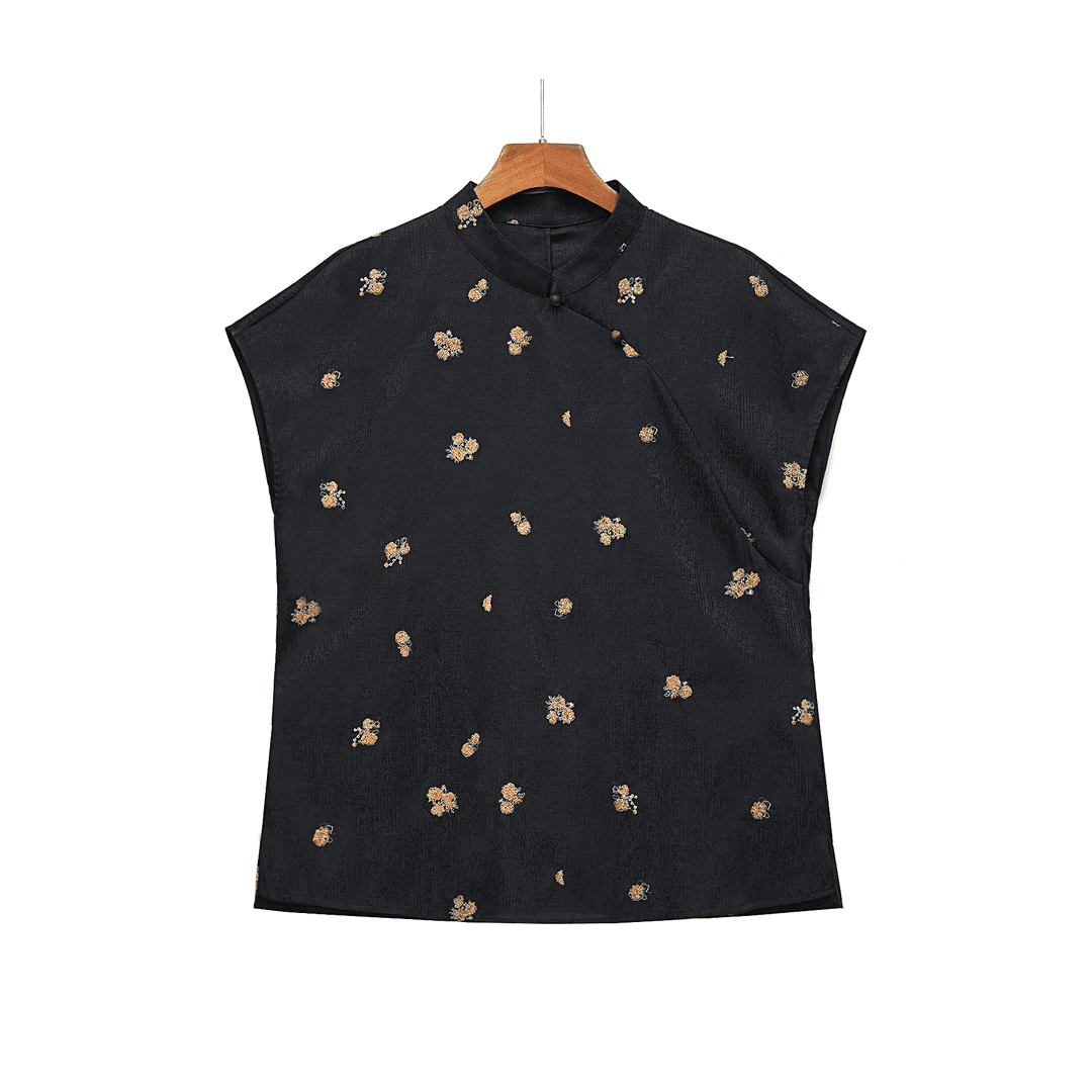 91%桑蚕丝2024上新立领短袖T恤黑色休闲百搭提花上衣FB24071703