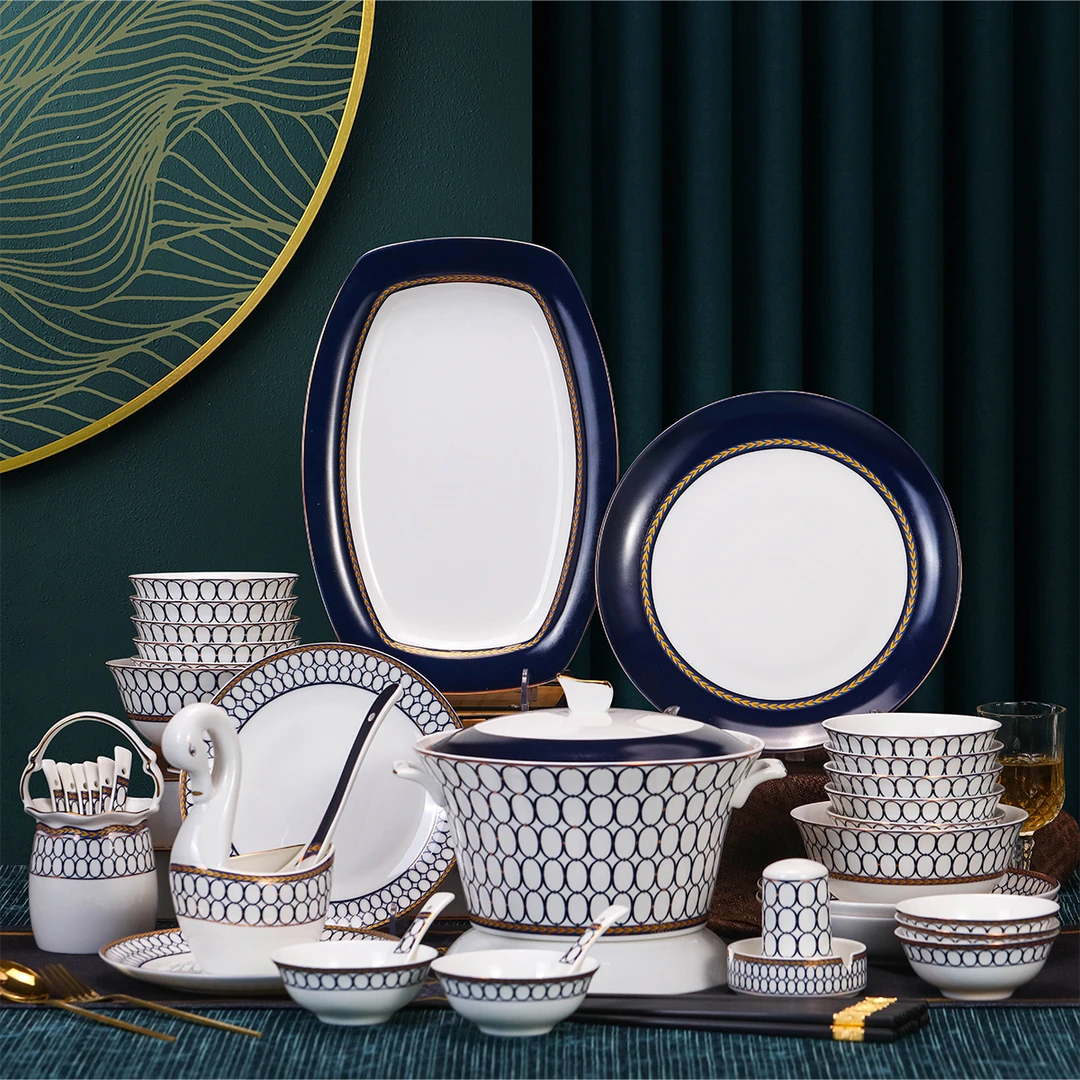 蓝色经典60件景德镇高档餐具套装碗碟套装家用结婚乔迁陶瓷饭碗盘