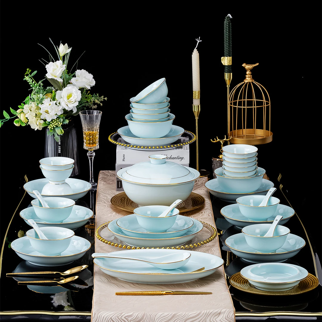 56件青瓷描金景德镇高档餐具套装碗碟套装家用乔迁送礼碗碟盘组合