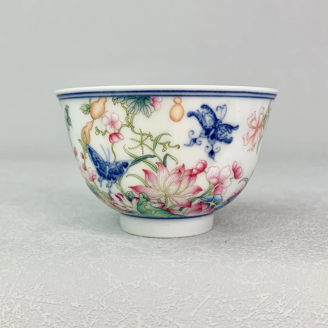 古镇手艺《蝶恋花》主人杯，柴窑青花加釉上粉彩工艺，画工细腻纯手工