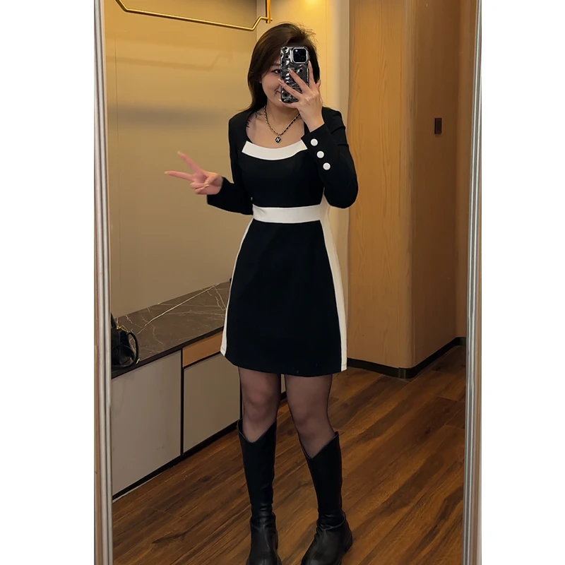 （现现款）花菜微胖定制~【黑白报刊】时尚气质黑白撞色显瘦连衣裙