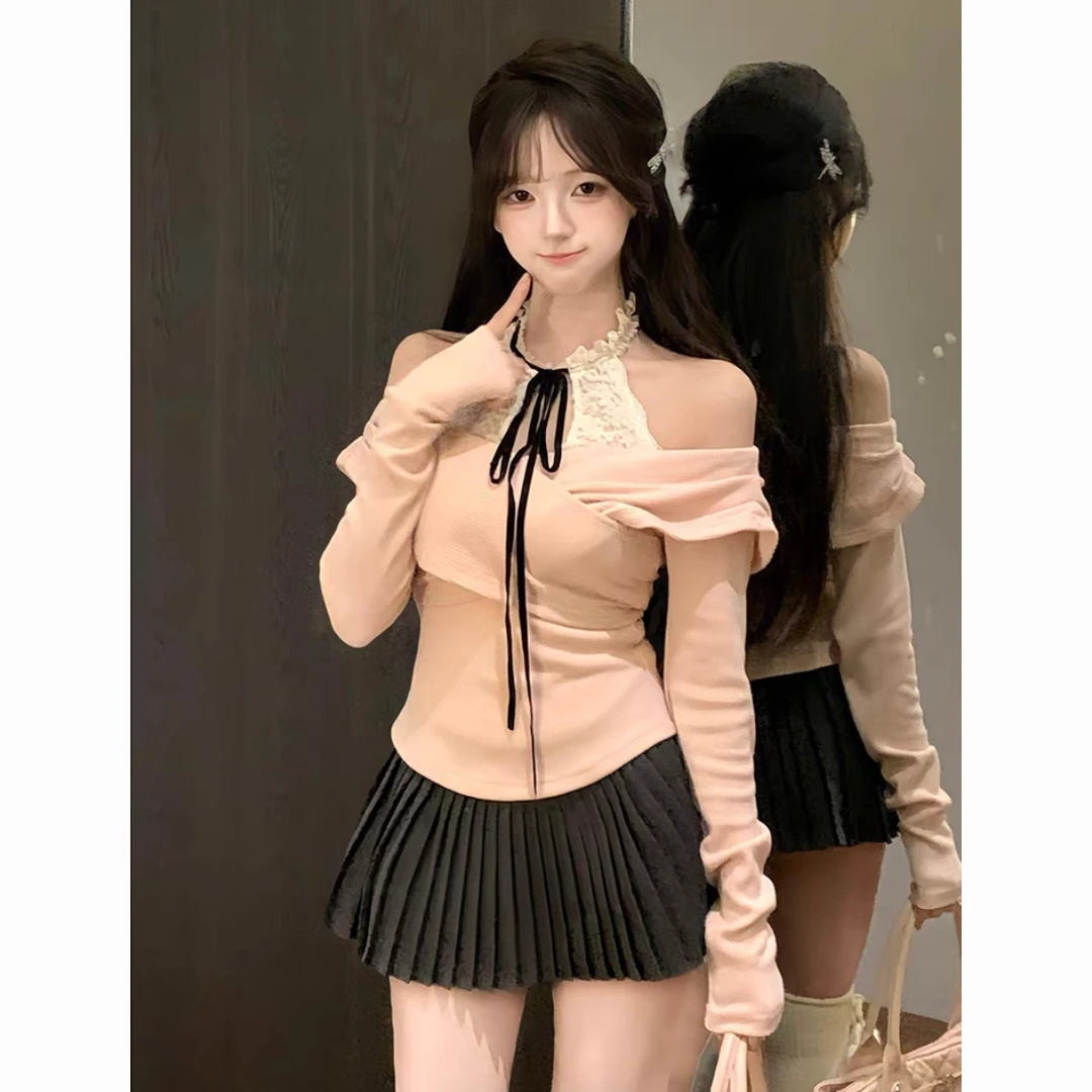 纯欲风性感一字肩长袖针织罩衫女秋季新款甜美蕾丝内搭上衣两件套