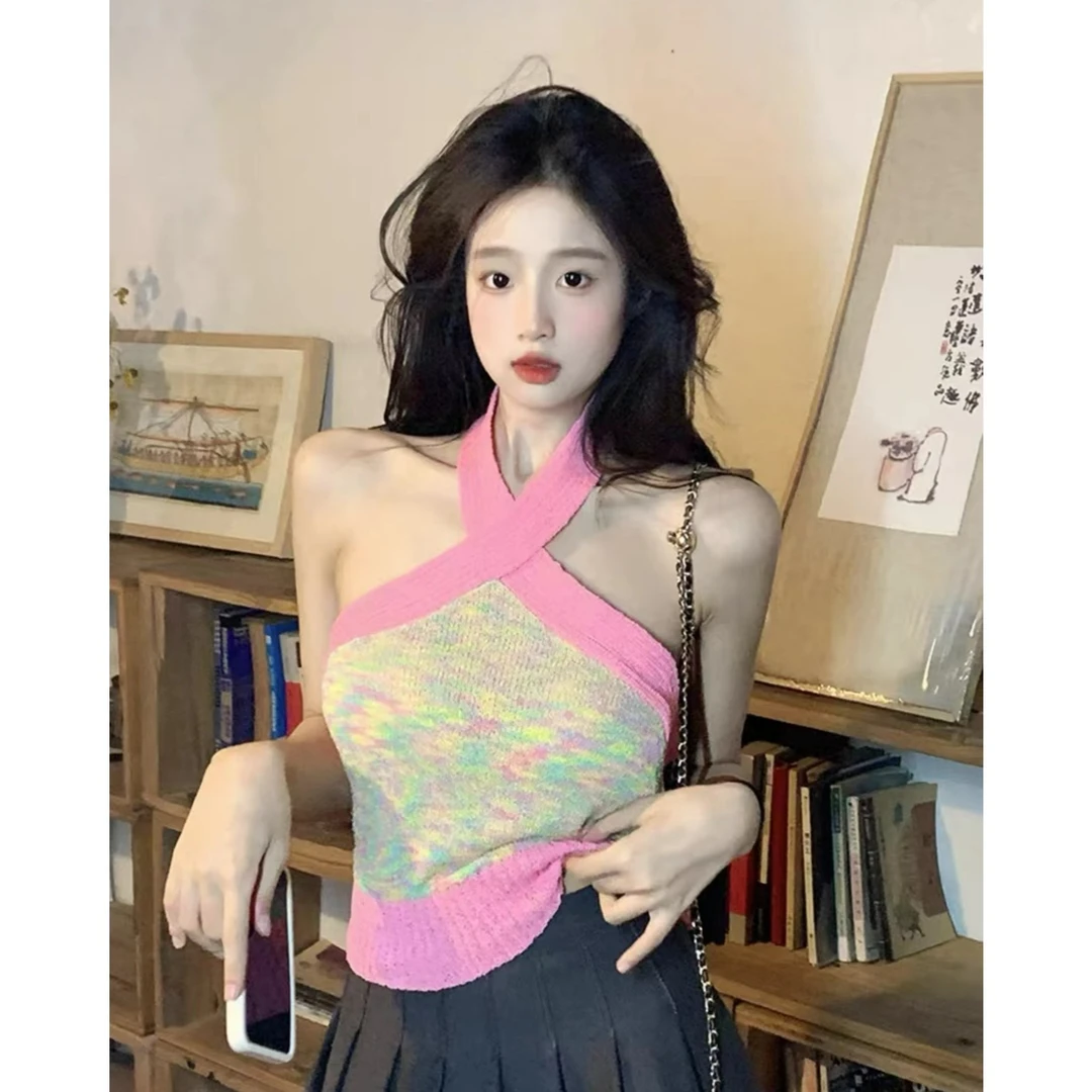 美背拼色针织挂脖吊带背心女夏内搭外穿纯欲性感辣妹露脐短款上衣
