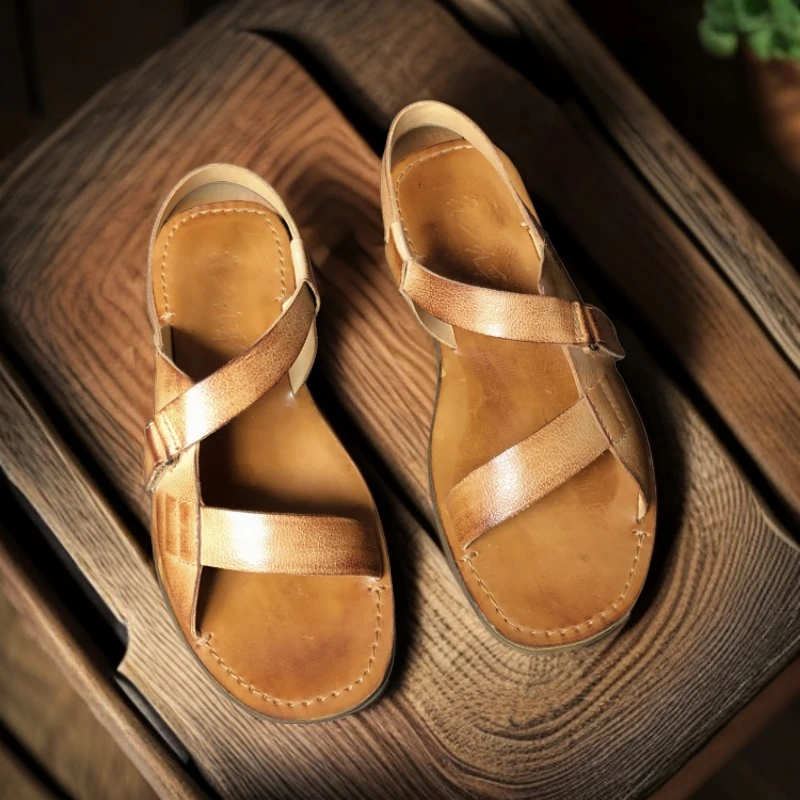 原创款做旧真皮擦色老式罗马凉鞋男外穿软底牛皮魔术贴休闲沙滩鞋